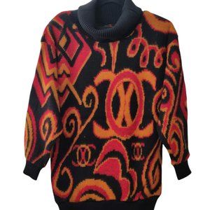 Colon Womens Vtg One Size Black Red Marigold Abstract Graphic Cowl Neck Sweater